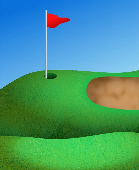 a golf hole with a red flag sticking out of it, a digital rendering, by Robert Richenburg, conceptual art, cartoon style illustration, bottom angle, full color illustration, elevation