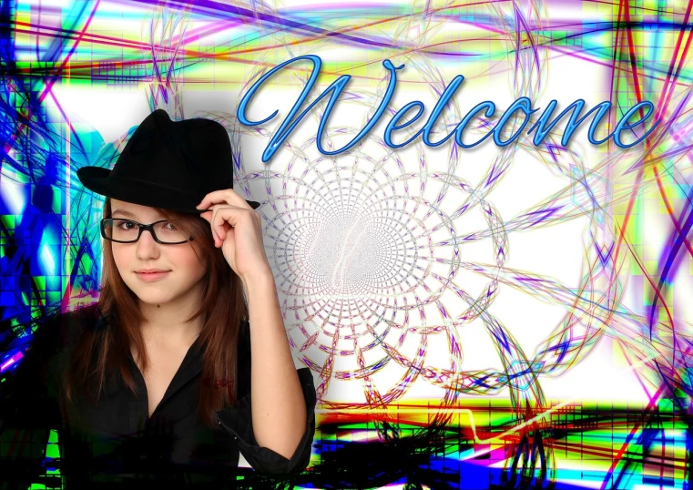 a woman wearing a hat and glasses standing in front of a welcome sign, a picture, by Caroline Mytinger, flickr, academic art, flashy modern background, teen girl, digital banner, symetry!!