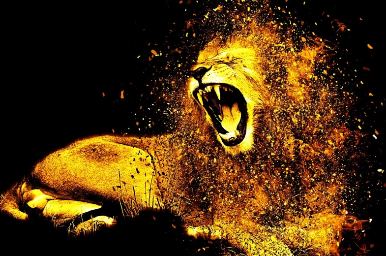 a close up of a lion with its mouth open, a picture, trending on pixabay, fine art, large electrical gold sparks, background image, exploding into dust, the black lioness made of tar