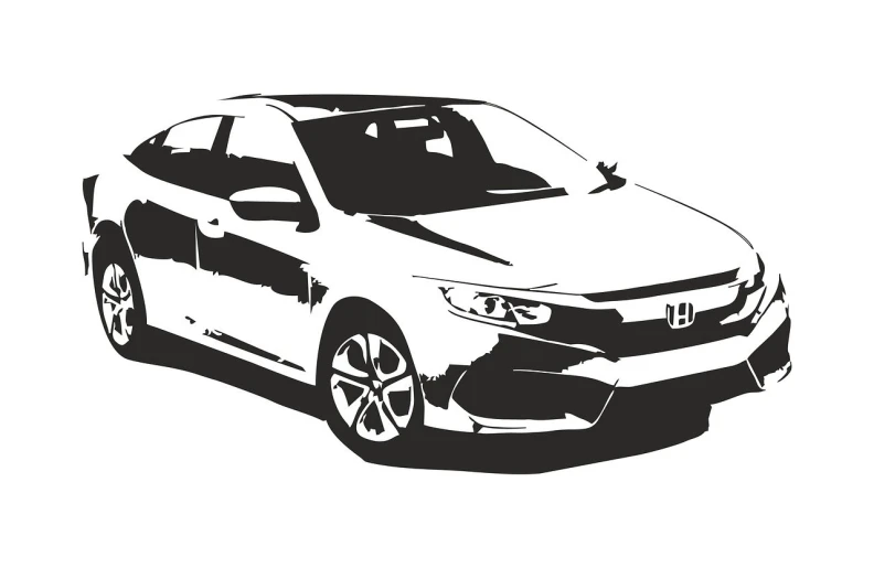 a black and white drawing of a car, inspired by Hiroshi Honda, trending on pixabay, honda civic, high-contrast, modern - art - vector, black car