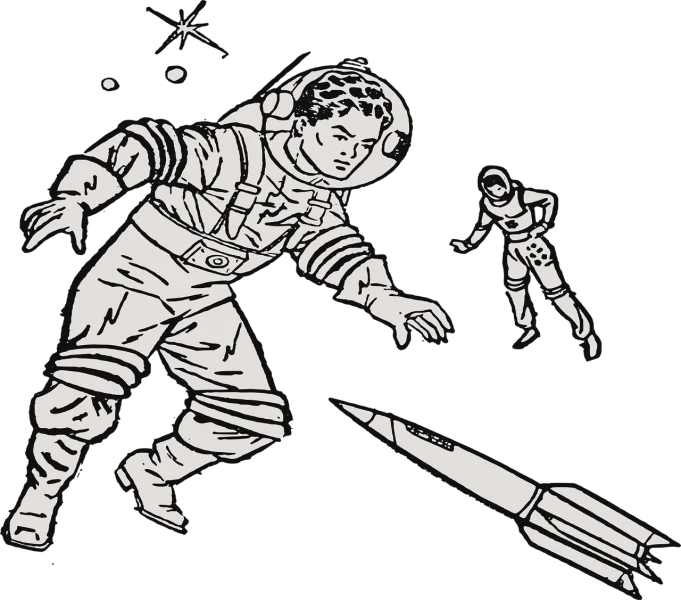 a black and white drawing of an astronaut and a rocket, concept art, inspired by Wally Wood, pexels, drawn in microsoft paint, space opera gunfight, golden age illustration, astral projection