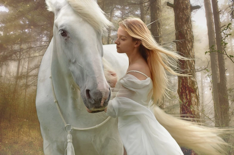 a woman standing next to a white horse in a forest, a picture, inspired by Annie Leibovitz, romanticism, flowing blonde hair, lovely kiss, compositing, white