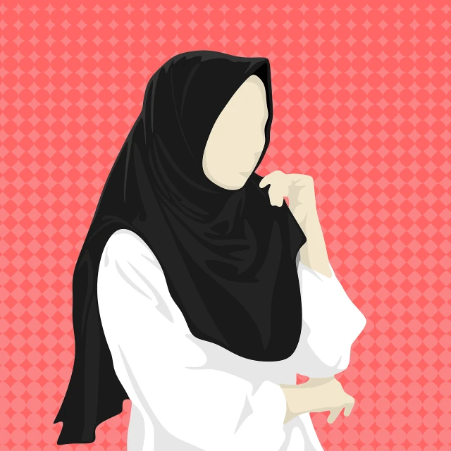 a woman in a hijab poses for a picture, vector art, inspired by Fathi Hassan, pop art, black red white clothes, anime style illustration, white and pink cloth, sharp high detail illustration