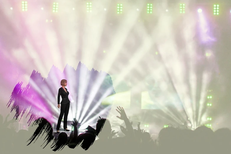 a man standing on top of a stage in front of a crowd, a picture, gradient studio background, jimin, evangelionic illustration, in 2 0 1 2
