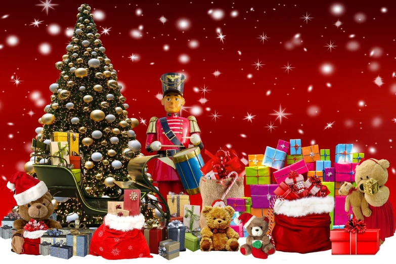 a group of toys sitting next to a christmas tree, a photo, pixabay, naive art, military, digital collage, 7 feet tall, presents