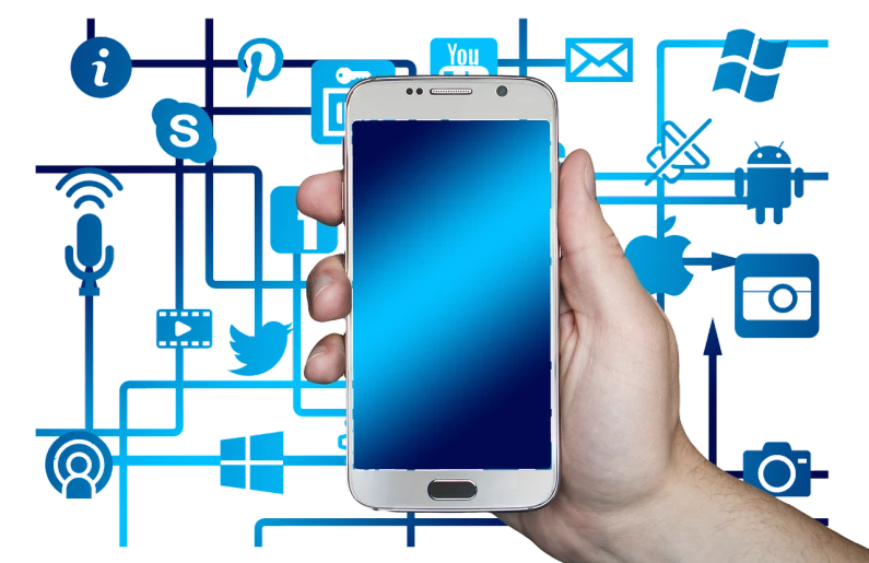 a person holding a smart phone in their hand, by Julian Allen, pixabay, digital art, with a blue background, wikimedia commons, docks, various posed