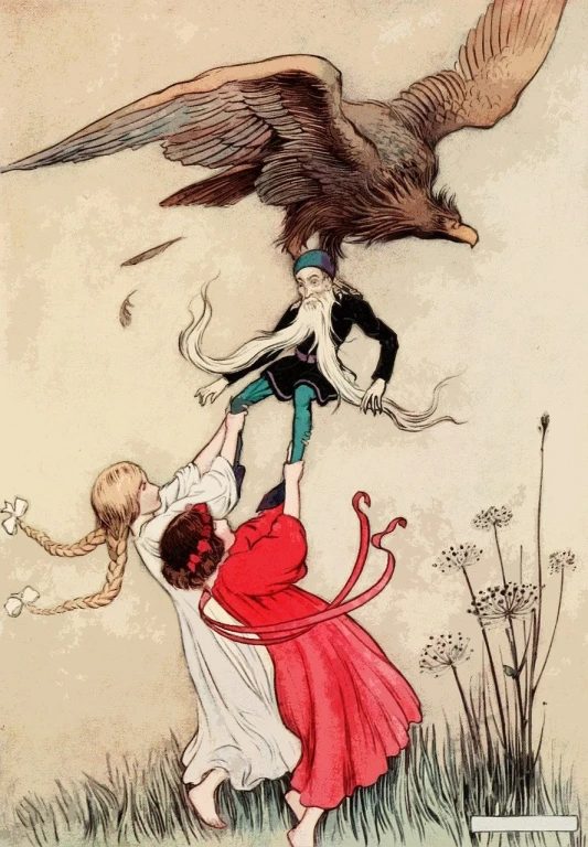 a drawing of a woman being carried by an eagle, a storybook illustration, inspired by Gustaf Tenggren, tumblr, thief red riding hood, the hair reaches the ground, colourised, fairy dancing