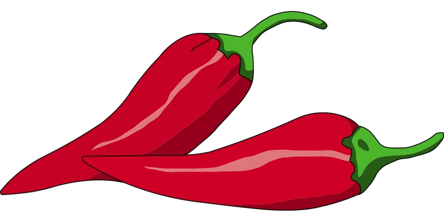 a couple of red peppers sitting next to each other, pixabay, pop art, on a flat color black background, clipart, chili, seen from the side