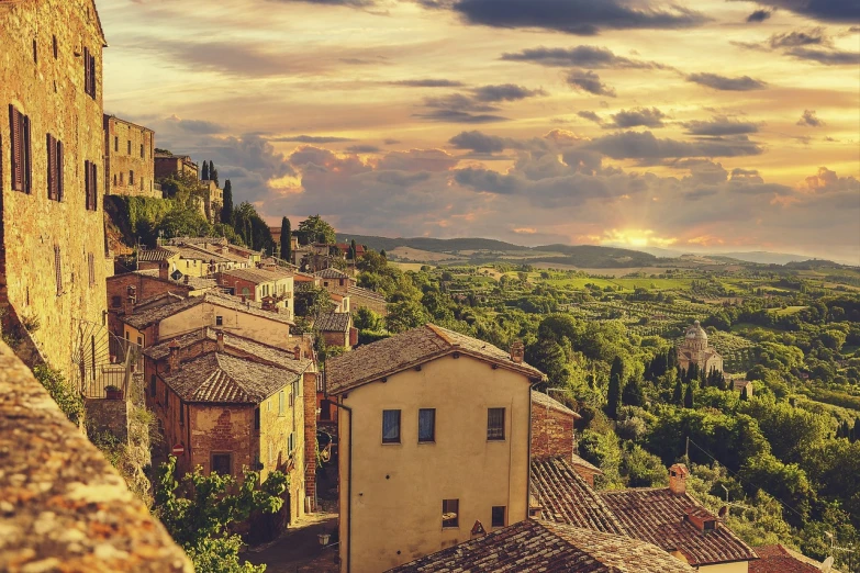 a view of a town from the top of a hill, a picture, by Carlo Martini, shutterstock, renaissance, summer sunset, sienna, lush vista, post processed