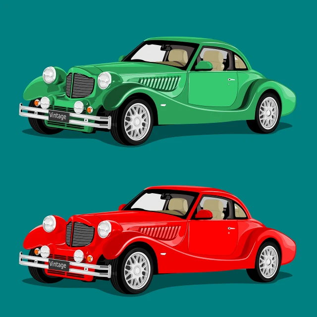 a couple of cars that are sitting next to each other, vector art, inspired by Dahlov Ipcar, pop art, green and red tones, detailed game art illustration, classicism artstyle, high detail illustration