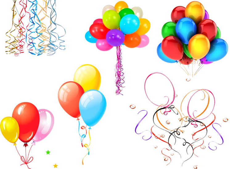 a bunch of balloons and streamers on a black background, concept art, shutterstock, set of high quality hd sprites, 😃😀😄☺🙃😉😗, twinkling and spiral nubela, photoshop collage