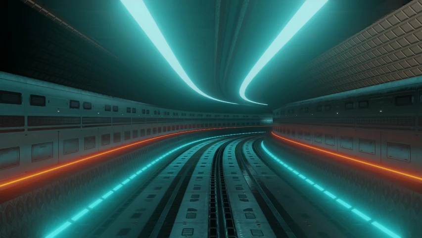 a train traveling through a train station at night, digital art, inspired by Mike "Beeple" Winkelmann, unsplash contest winner, futurism, cyan and orange, curved lines, vertical wallpaper, underground tunnel