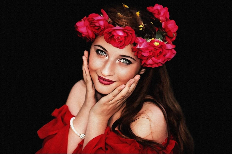 a woman with flowers in her hair posing for a picture, a colorized photo, by Lucia Peka, pixabay contest winner, romanticism, glowing red, realistic cute girl painting, rose crown, beautiful smiling face