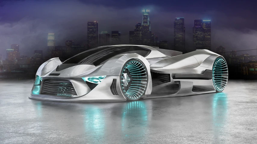 a futuristic car in front of a city at night, trending on cg society, ethereal hologram center, futuristic robot angel, morphosis, auto and design magazine