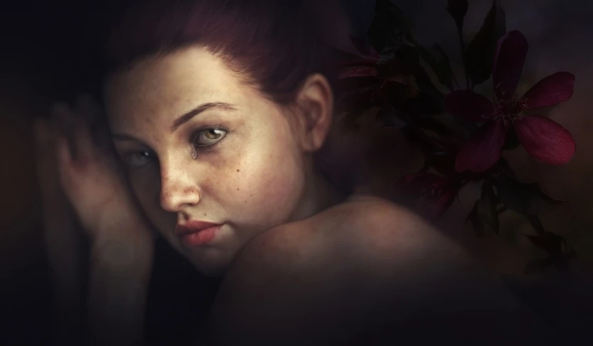 a woman with a flower in her hair, digital art, inspired by WLOP, digital art, dark moody backlighting, redhead girl, photorealistic faces, beautiful art uhd 4 k