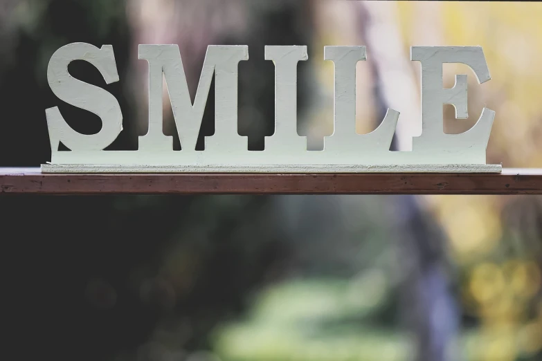 a close up of a sign that says smile, a picture, by Matija Jama, shutterstock, subtle depth of field, paul barson, outdoor photo, elegant smiling pose