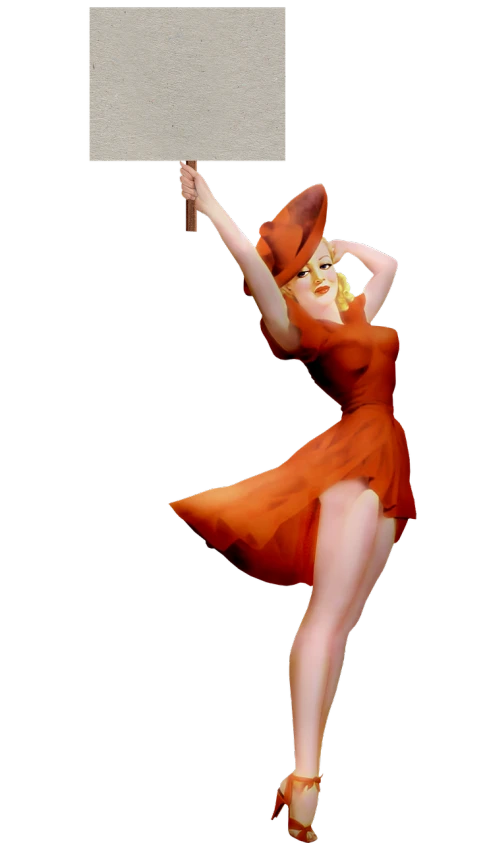 a woman in an orange dress holding a sign, a raytraced image, by Alberto Vargas, digital art, she is dancing. realistic, character with a hat, low quality photo, marilyn monroe