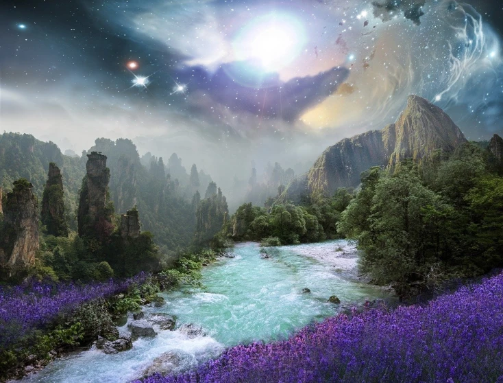 a river running through a lush green valley, inspired by Kim Keever, cg society contest winner, fantasy art, beautiful space star planet, multiple purple halos, high quality fantasy stock photo
