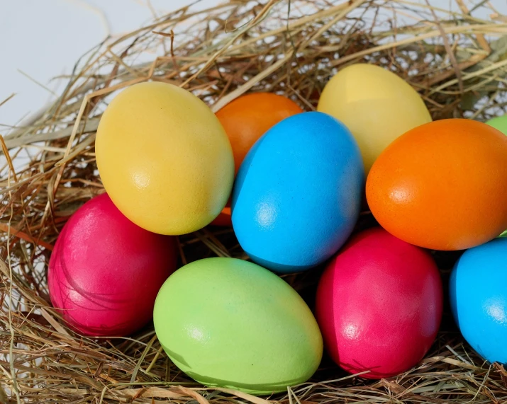 a close up of many colored eggs in a nest, high quality product image”