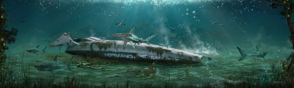 a boat floating on top of a body of water, concept art, by Harrington Mann, conceptual art, sharks, submarine, abandoned, nami