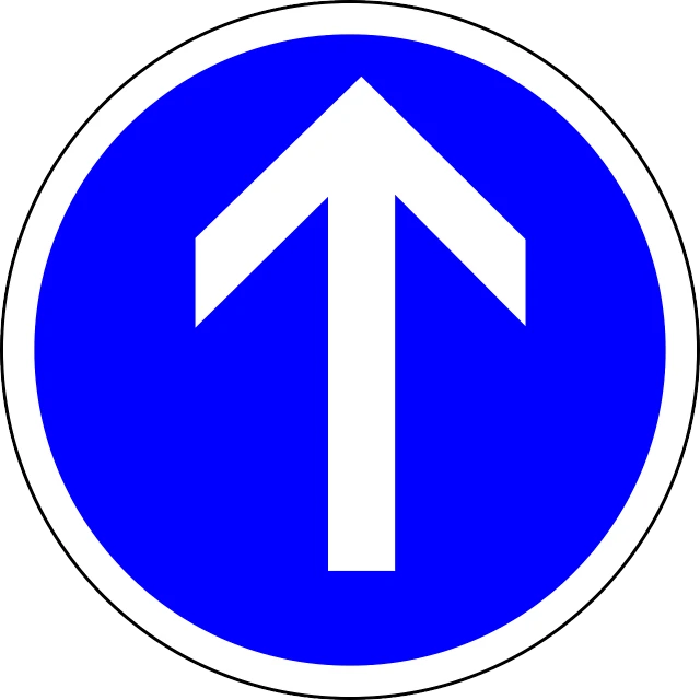 a blue and white sign with an arrow pointing up, round, driver, flat colour, fully symmetrical