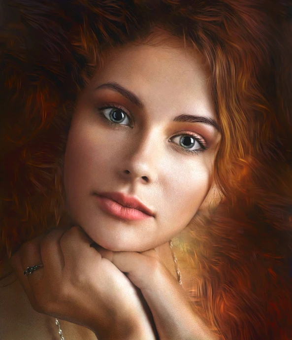 a painting of a woman with red hair, a digital painting, trending on pixabay, innocent look. rich vivid colors, photo of a beautiful woman, lovely delicate face, her face framed with curls