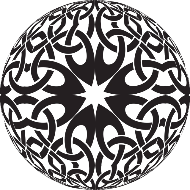 a black and white circular design on a black background, inspired by Sándor Bortnyik, deviantart, arabesque, celtic culture, dark moody monochrome colors, sphere, detailed silhouette