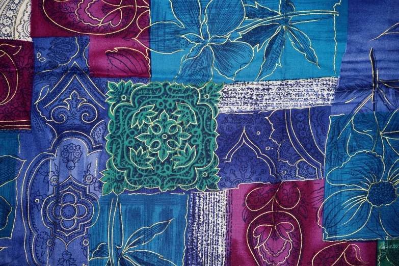 a close up of a colorful patchwork quilt, inspired by Alberto Morrocco, flickr, cloisonnism, purple blue color scheme, oriental wallpaper, detailed color scan”, bahamas