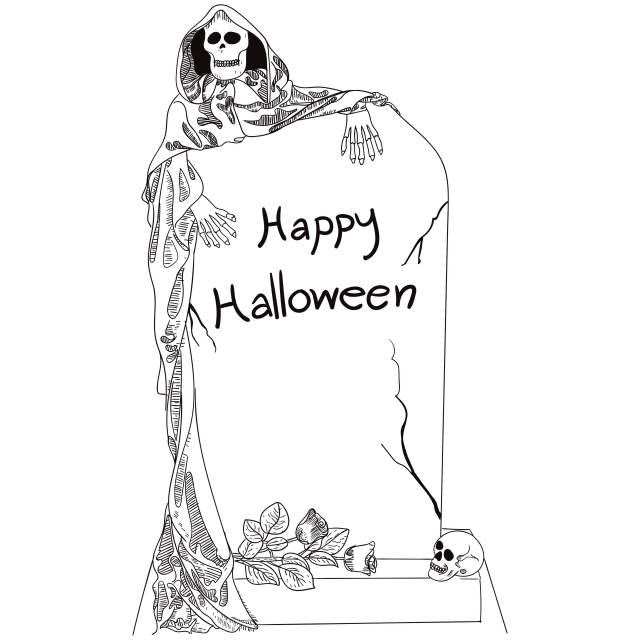 a skeleton holding a sign that says happy halloween, lineart, by Andrei Kolkoutine, vanitas, standing over a tomb stone, black color background, 300mm, -h 1024