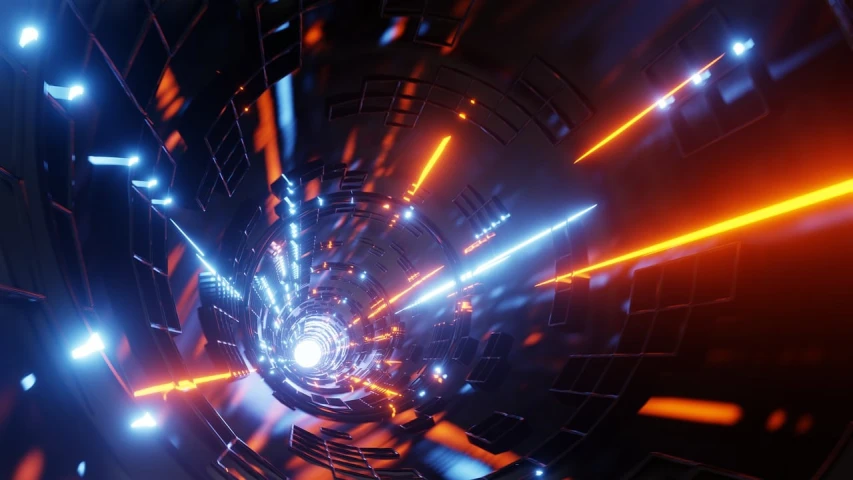a dark tunnel with orange and blue lights, digital art, reddit, octane render.:1, wormhole, rendered in unreal engine 4k hq, in style of nanospace