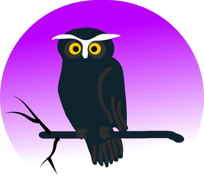 an owl sitting on a branch in front of a purple circle, an illustration of, sōsaku hanga, lineless, ebony, full color illustration, athena