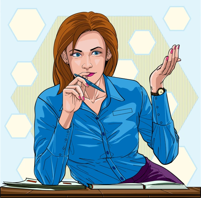 a woman sitting at a desk with a pen in her hand, vector art, pop art, solemn gesture, high detail illustration, dana scully, sharp focus illustration