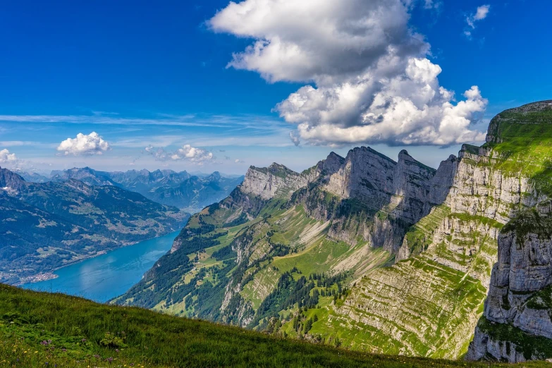 a view of the mountains from the top of a mountain, a picture, by Karl Walser, beautiful lake background, swiss, geiger, wallpaper for monitor