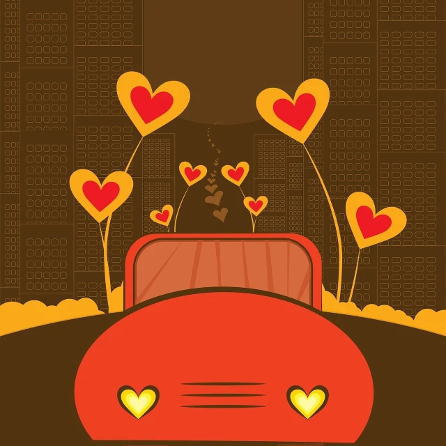 a red car with hearts flying out of it, vector art, warm theme, urban surroundings, mid shot photo