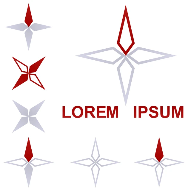 a set of four star logos on a white background, by Lajos Vajda, abstract illusionism, crimson and grey color scheme, lorem ipsum dolor sit amet, viewed from a distance, blades