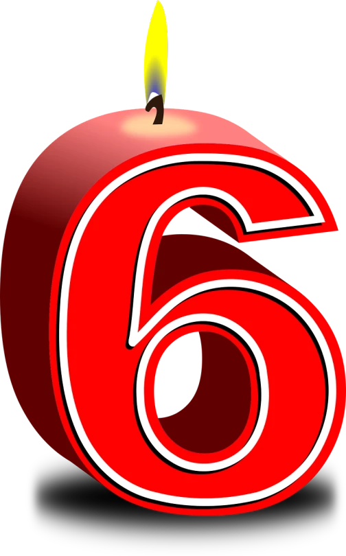 a birthday candle in the shape of the number six, by Stefan Gierowski, pixabay, digital art, red apples, avatar image, red - black, countdown