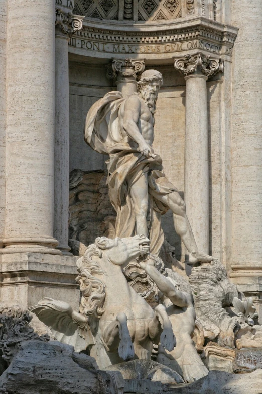 a statue of a man on a horse in front of a building, inspired by Gian Lorenzo Bernini, shutterstock, draped with water and spines, epic scene of zeus, carved in stone, proper shading