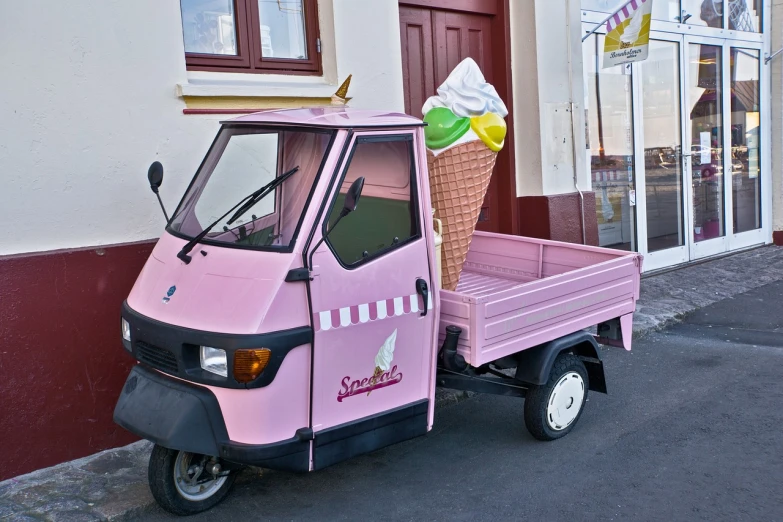 a pink truck with an ice cream cone in the back, inspired by Cornelisz Hendriksz Vroom, flickr, renaissance, stefano tamburini, speeder, mozzarella everywhere, this kind of smart