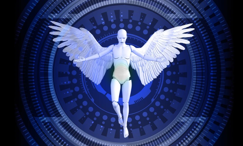 a woman that is standing in front of a clock, a digital rendering, digital art, futuristic robot angel, his arms spread. ready to fly, npc with a saint\'s halo, cybernetic eyes implants