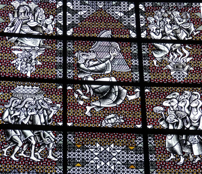 a close up of a stained glass window in a building, inspired by Herman Saftleven, menacing!, insanely detail, checkered motiffs, spiritual scene