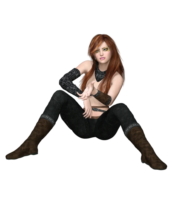 a woman sitting on the ground with her legs crossed, a 3D render, inspired by Mary Jane Begin, renaissance, in a dark space mercenary outfit, maiden with copper hair, jeans and knee high black boots, doing a sassy pose