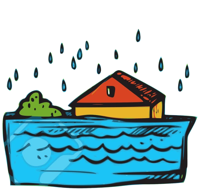 a house sitting on top of a boat in the water, an illustration of, conceptual art, rain water reflections in ground, on black background, cartoon style illustration, blocked drains