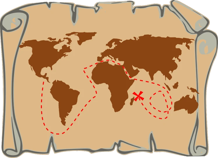 a map of the world with a red cross on it, an illustration of, pirates treasure map, wikihow illustration, romantic simple path traced, ships with sails underneath
