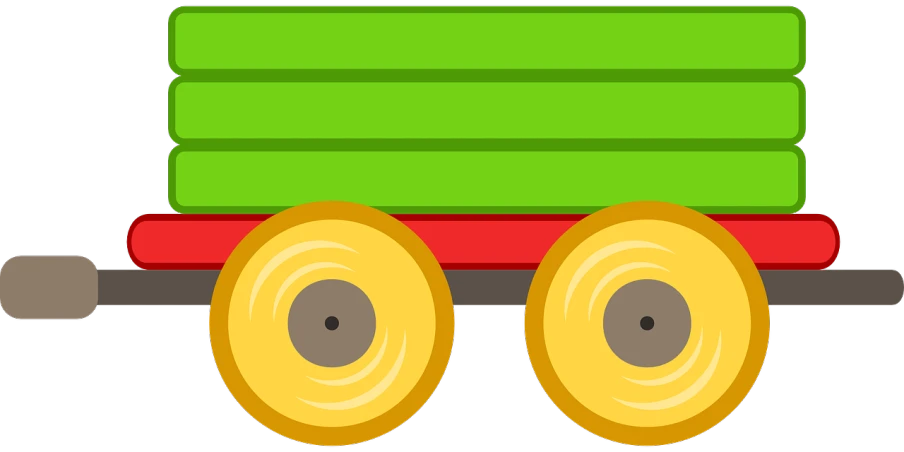 a green and red wagon with yellow wheels, by Aleksander Kotsis, pixabay, figuration libre, top half of body, !!! very coherent!!! vector art, not train tracks, on a flat color black background