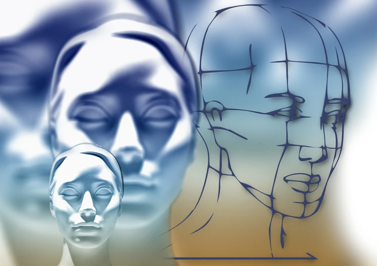 a drawing of a woman's face and a man's head, a digital rendering, digital art, golden ratio background, cross section of mannequin head, anthropology photo”