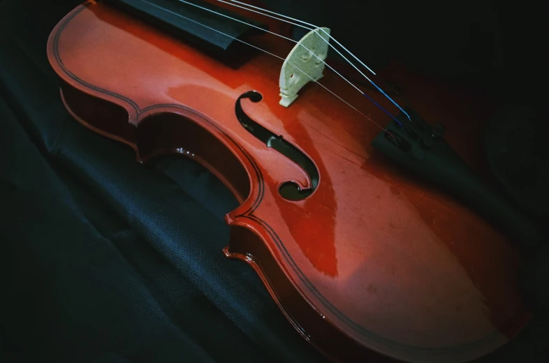 a close up of a violin on a black surface, a picture, by Joe Bowler, 35 mm photo, details and vivid colors, strings background, glossy surface