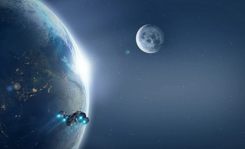 a spaceship flying over a planet with a moon in the background, trending on cgsociety, the fourth race of starcraft 2, earth in the foreground, astronaut on the moon, without text