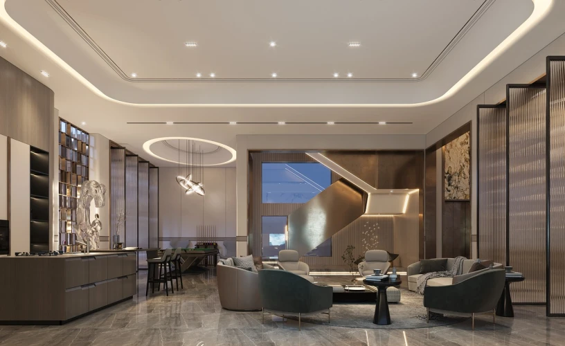 a living room filled with furniture and a large window, a 3D render, by Zha Shibiao, trending on cg society, light and space, vip room, ceiling hides in the dark, autodesk 3d rendering, beige and dark atmosphere
