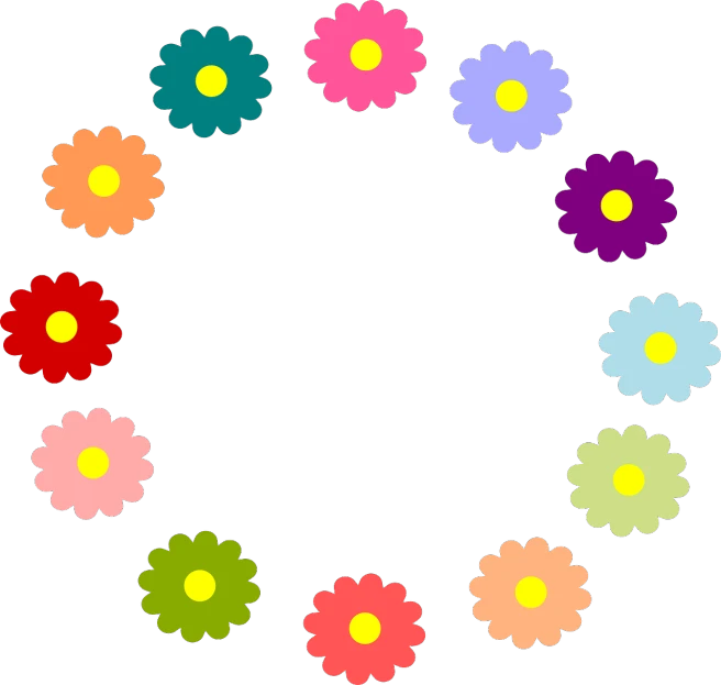 a circle of colorful flowers on a white background, a picture, by Gusukuma Seihō, flickr, minimalism, no gradients, front facing!!, daisy, usual color setting