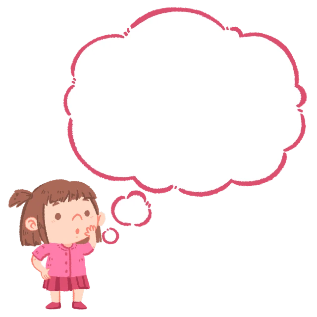 a little girl with a thought bubble above her head, a cartoon, by Ei-Q, pixabay, full view blank background, background ( dark _ smokiness ), pink scheme, 中 元 节